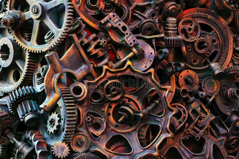 Steampunkachtergrond, machine en mechanische gedeelten, grote toestellen en kettingen van machines en tractoren royalty-vrije stock afbeeldingen Steampunkachtergrond, machine en mechanische gedeelten, grote toestellen en kettingen van machines en tractoren royalty-vrije stock afbeeldingen