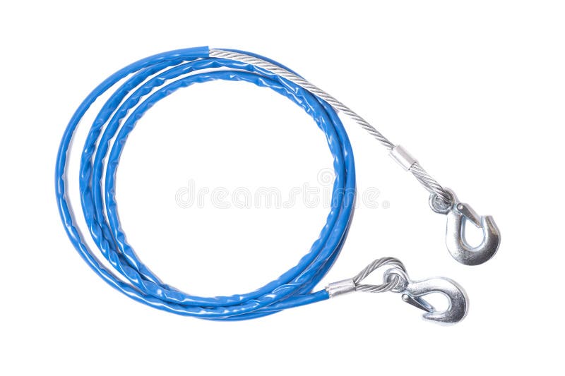 Steel Car Tow Rope with Hooks in Blue Braid Isolated on White Background  Stock Image - Image of lock, iron: 304100753
