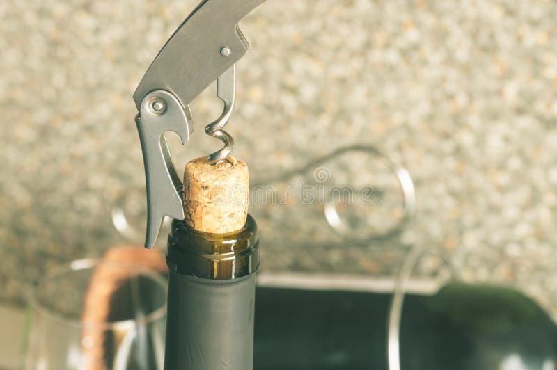 Steel Corkscrew Opens a Bottle of Wine Stock Photo Image of opening