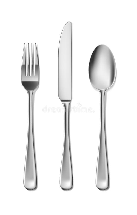 Steel Cutlery, knife, fork and spoon in realistic style. Fork and knife spoonset design isolated on white. Vector. Illustration EPS 10 royalty free illustration Steel Cutlery, knife, fork and spoon in realistic style. Fork and knife spoonset design isolated on white. Vector. Illustration EPS 10 royalty free illustration