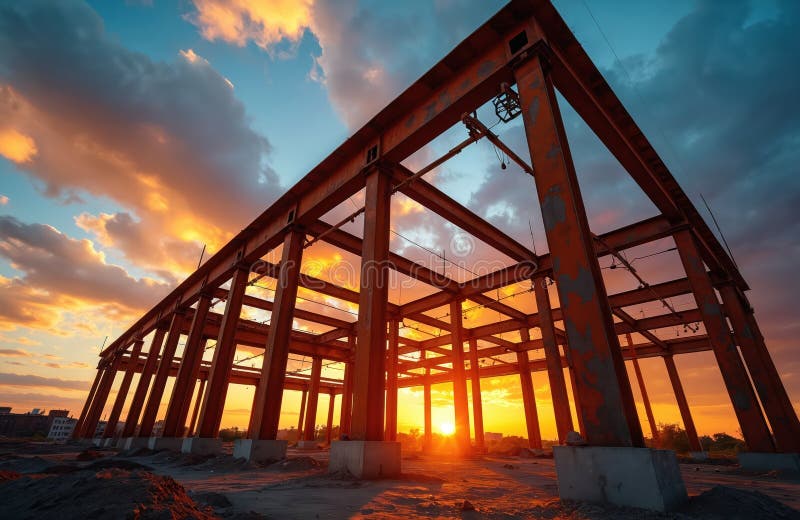 Steel framework for residential buildings against a vibrant sunset sky. Construction progress shows structural beams assembly in vector illustration