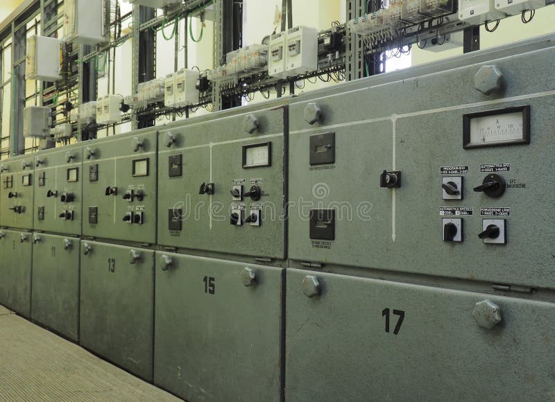 Row of electrical steel control panels stock photos Row of electrical steel control panels stock photos