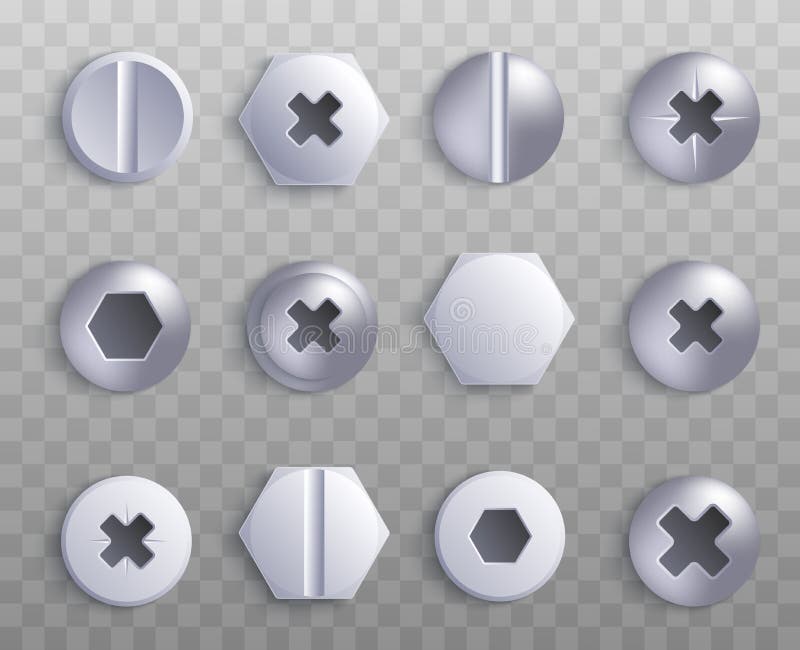 Screw and bolt top various shapes 3d vector illustration isolated on transparent.