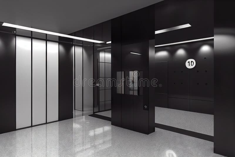 Steel Lift Doors in Office Space in Gray Black Tones Stock Image