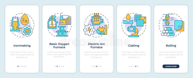 Steel manufacturing process onboarding mobile app screen stock illustration
