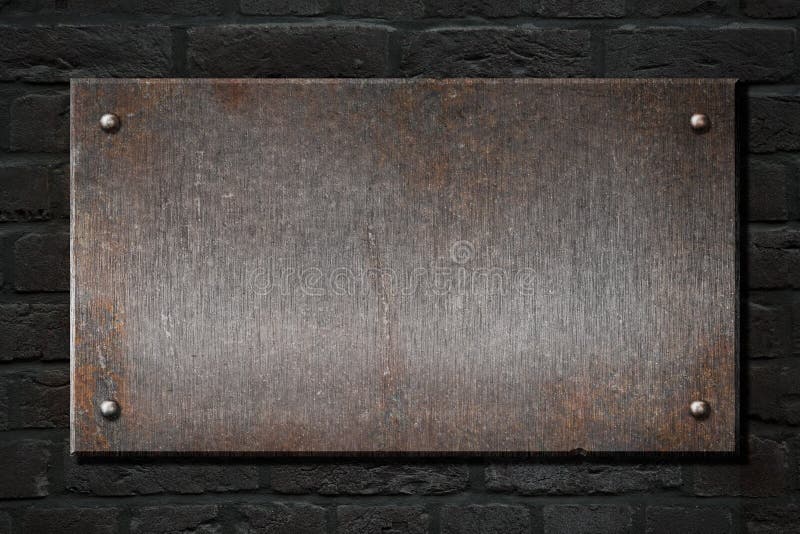 Steel metal rusty plate over brick wall 3d illustration royalty free stock photo