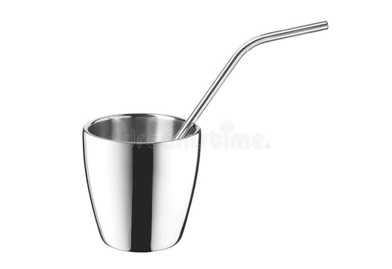 Steel mug with stainless straw isolated on white background. stock photos Steel mug with stainless straw isolated on white background. stock photos