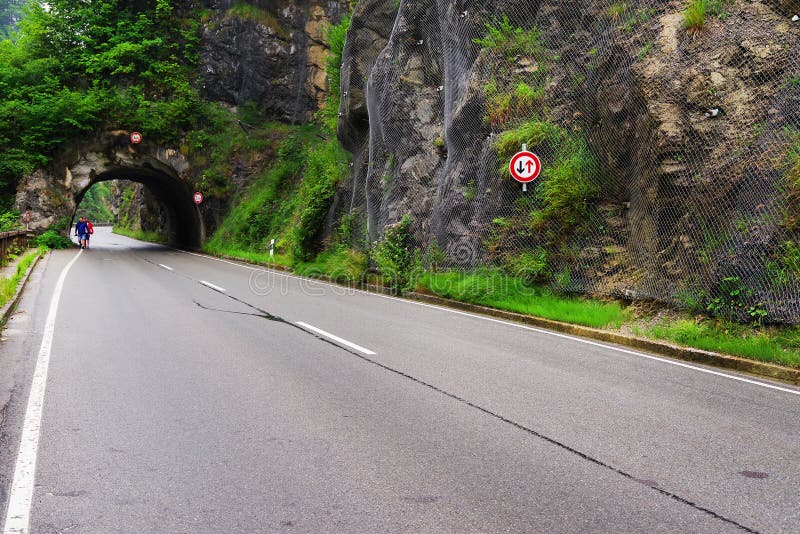 Steel net for protection against rock slide. Felsentunnel near Ramsau, Germany.