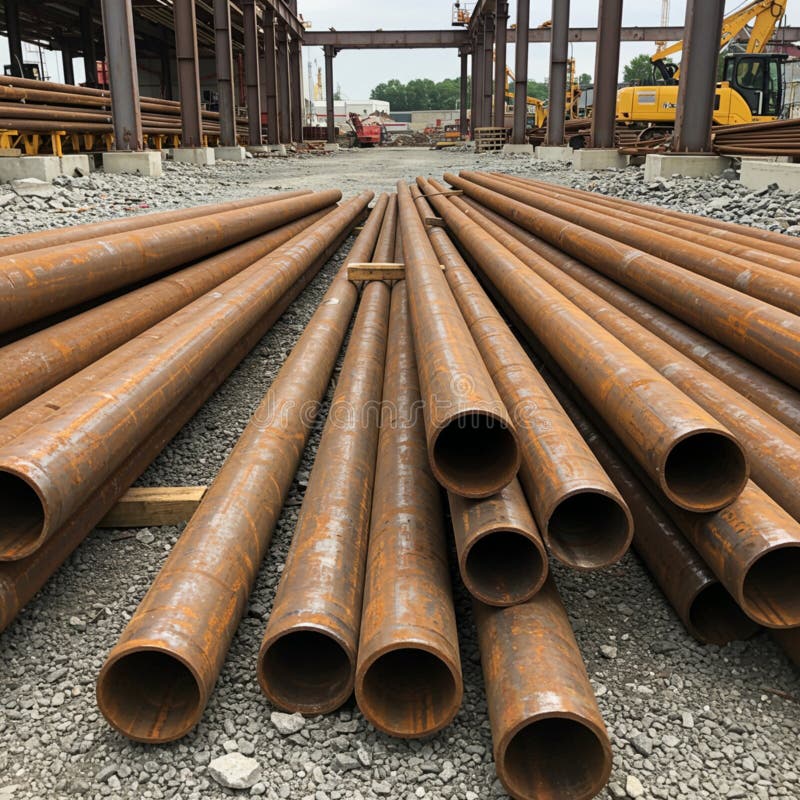 Steel pipes are stacked on a gravel surface within an industrial setting. The pipes stock illustration