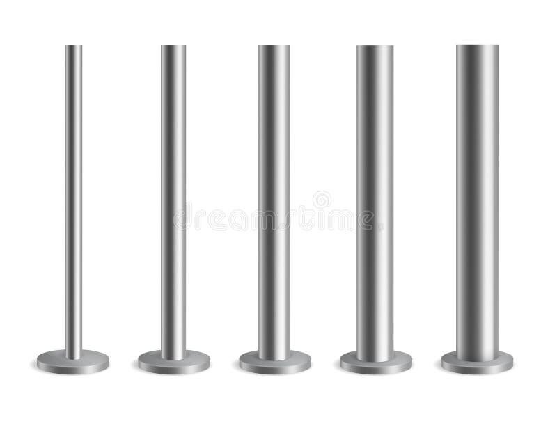 Steel poles. Metal pillars for urban advertising banners, streetlight and billboard, silver flag holder or signpost