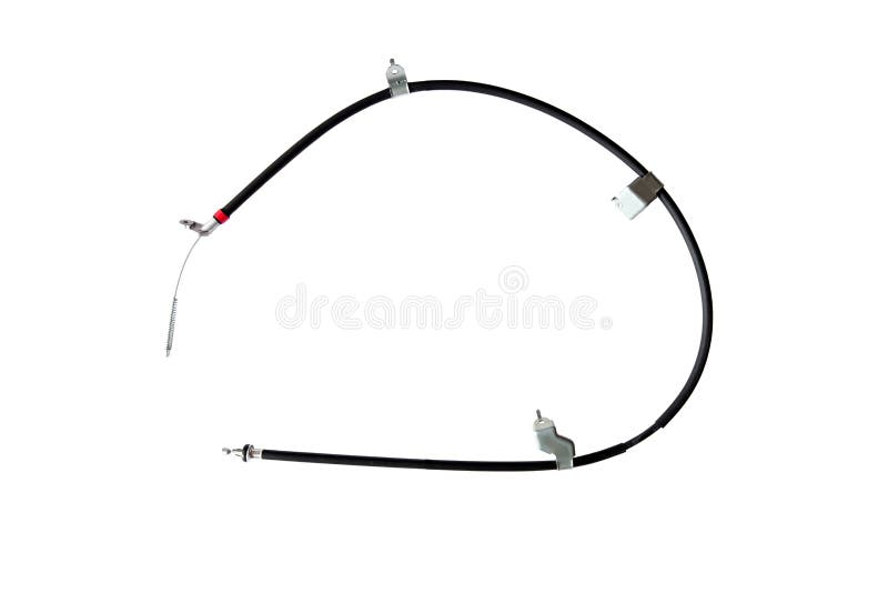 Steel rope in black vinyl casing Rear Hand Brake Cable. Steel rope in black vinyl casing Rear Hand Brake Cable car spare part isolated on white background stock image Steel rope in black vinyl casing Rear Hand Brake Cable. Steel rope in black vinyl casing Rear Hand Brake Cable car spare part isolated on white background stock image