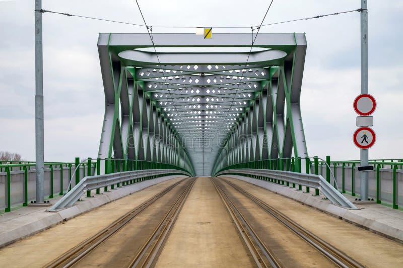 Steel structure of new Old Bridge in Bratislava painted green and gray for tram and a pedestrians