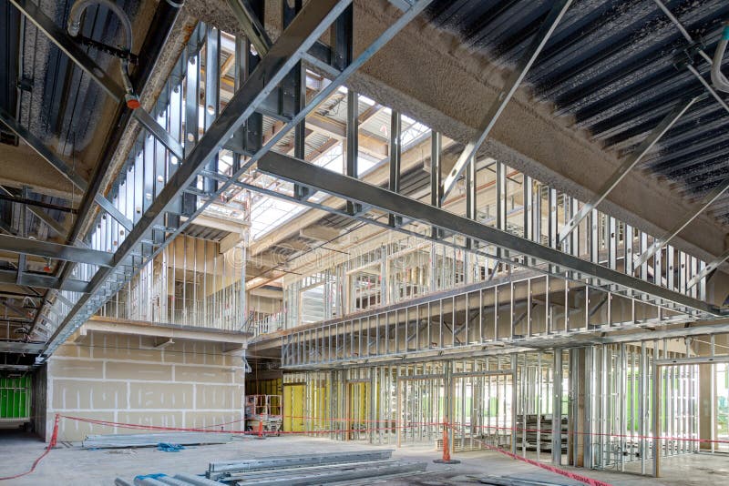 Steel stud construction on the interior of a modern office building.