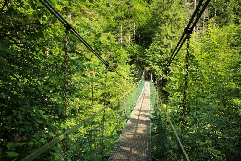 A steel suspension bridge over the river in the Slovak Paradise National Park