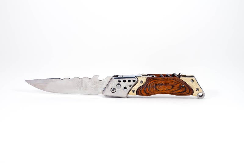 Steel Switchblade Knife with a Wooden Handle Stock Image Image of