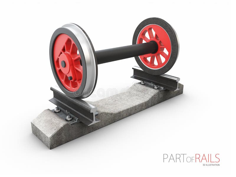 Steel Train Rail Track Profile Symbol with Steel Wheel, 3d Illustration