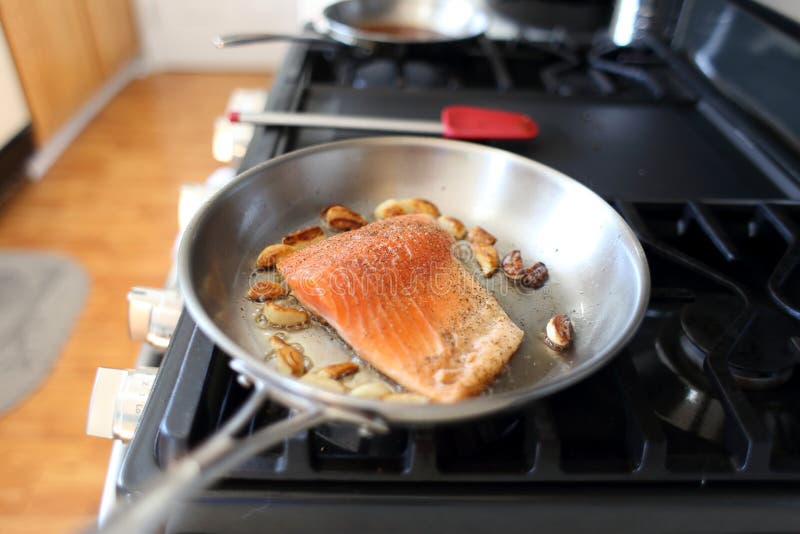 Steelhead Frying in a Stainless Steel Pan Stock Image - Image of trout ...