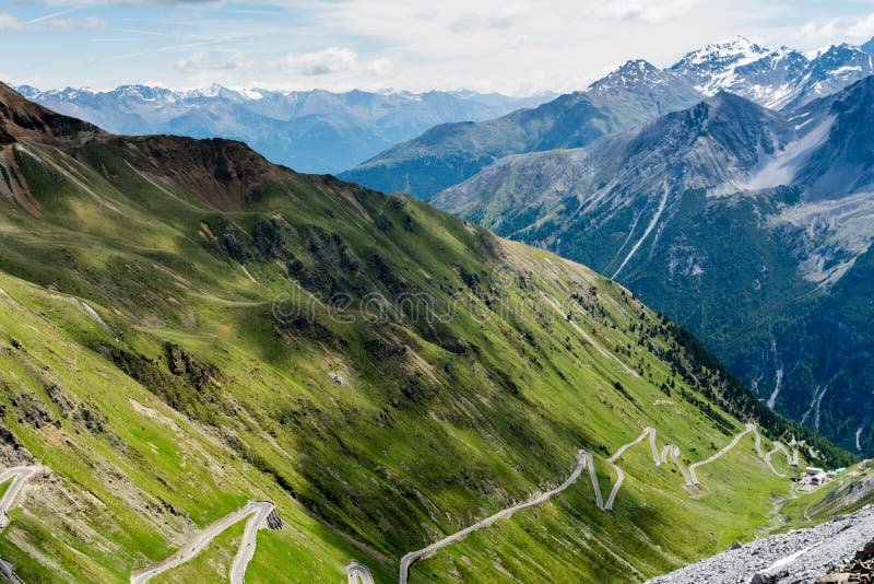 Steep descent of mountain road Stelvio pass, in Italian Alps