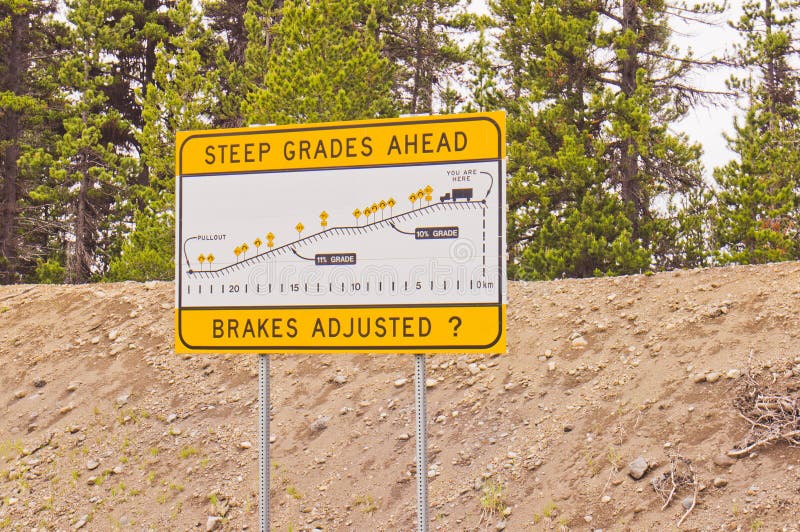 A steep grade highway warning sign at the Heckman Pass in BC, Canada.