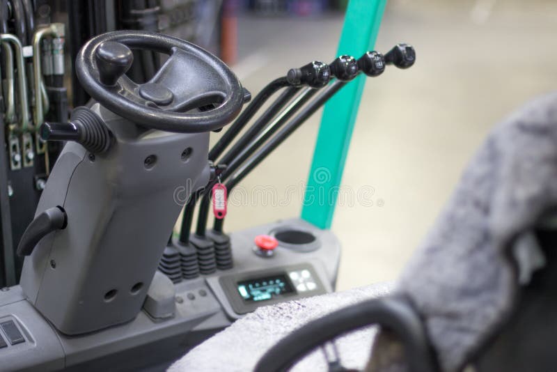 Steering and Cab of Forklift with Levers. in Stock, Steering and Cab