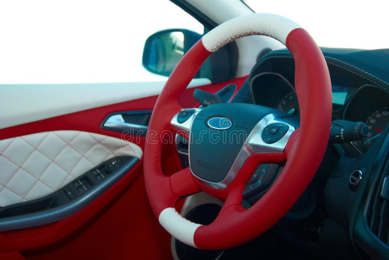 Car Seats. Steering Wheel. Car Interior Details. White Red Leather with
