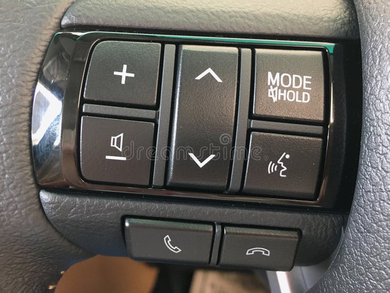 Audio Control Buttons On The Steering Wheel Of Modern Car Stock Photo