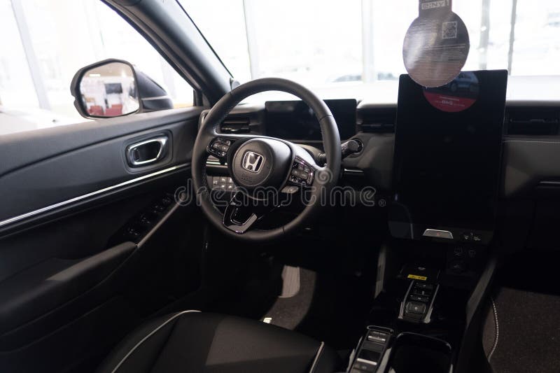 Steering wheel, Interior, cockpit Honda e:Ny1 Electric Car, ergonomic digital panel Honda Motor, sustainable development EV, Innovation automotive industry in Wiesbaden, Germany - January 25, 2024. Development ev stock images, royalty-free photos and pictures