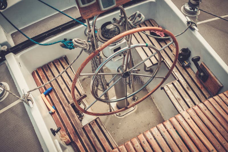Steering wheel on a yacht stock image. Image of boat 101943711