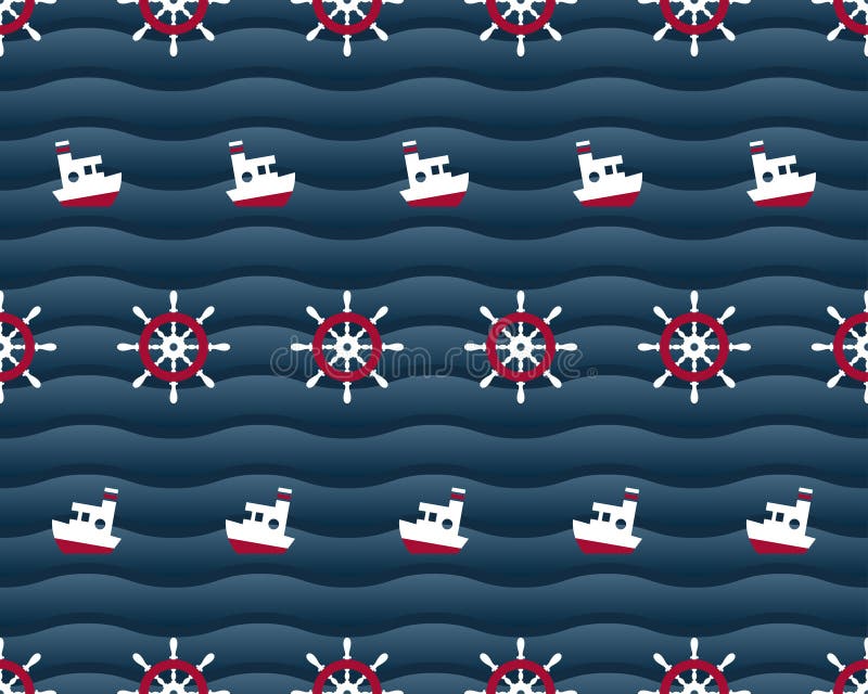 Steering wheels and boats on navy background