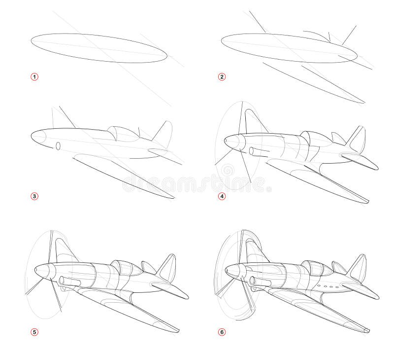 Steg-för-steg blyertspennateckning för skapelse Sidan visar hur man lär attraktion för att skissa av imaginärt militärt flygplan stock illustrationer Steg-för-steg blyertspennateckning för skapelse Sidan visar hur man lär attraktion för att skissa av imaginärt militärt flygplan stock illustrationer
