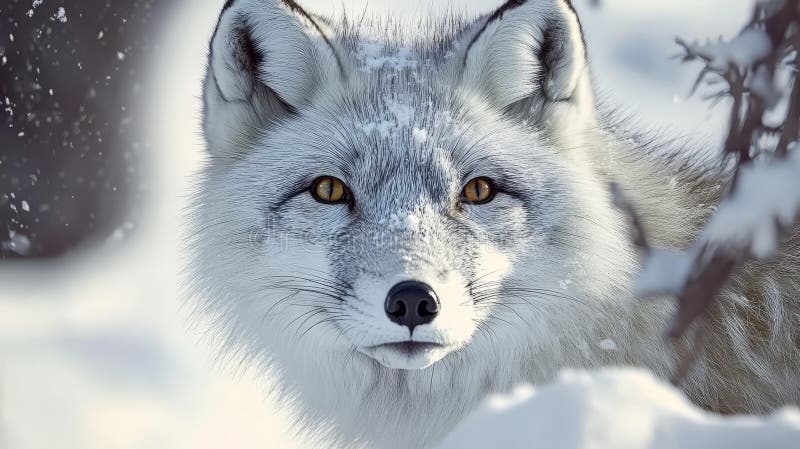 Stega upp porträtt av ett magnifikt arktiskt räv med bruna ögon mitt i ett snöslandskap. stock illustrationer