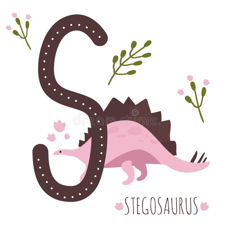 Stegosaurus. Letter S with reptile name. Hand drawn cute herbivores dinosaur. Educational prehistoric illustration. Dino alphabet. stock illustration