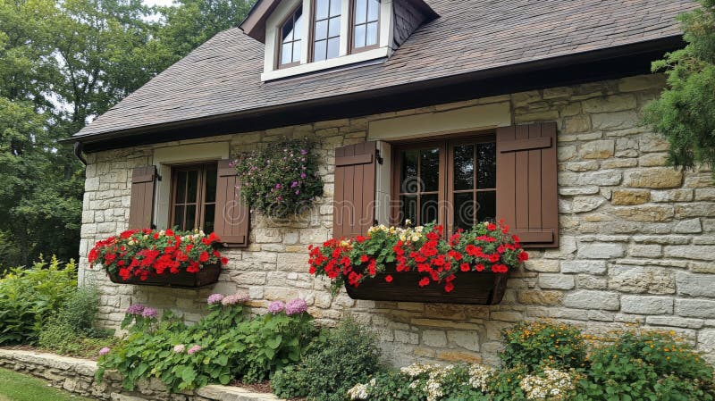 Steinhaus mit Fenstern und Blumen vektor abbildung