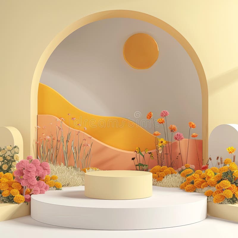 Steinpodium umgeben von zarten Orangenblumen im Herbst vektor abbildung