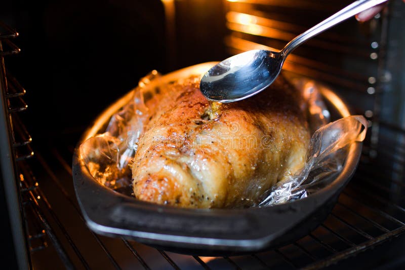 Roast duck in the oven closeup. Roast duck in the oven closeup
