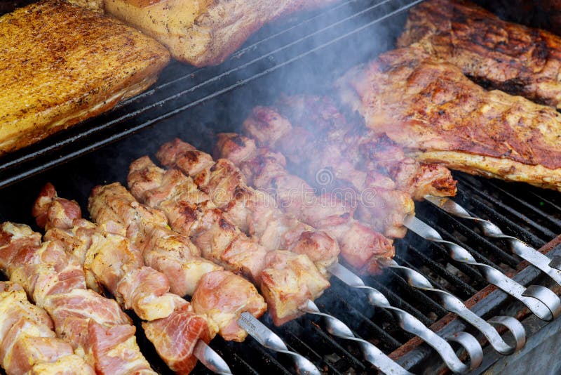 Steknålar med kött på grillfestgallret arkivbilder Steknålar med kött på grillfestgallret arkivbilder