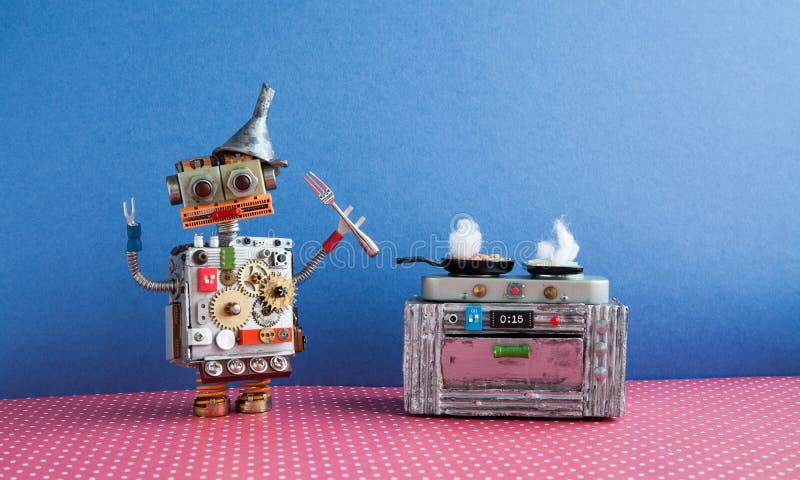 Stekpanna för robotkockmatlagning, elektronisk ugnugn Idérika designleksaker, begrepp för robotic framtid för automation smart he arkivbilder Stekpanna för robotkockmatlagning, elektronisk ugnugn Idérika designleksaker, begrepp för robotic framtid för automation smart he arkivbilder