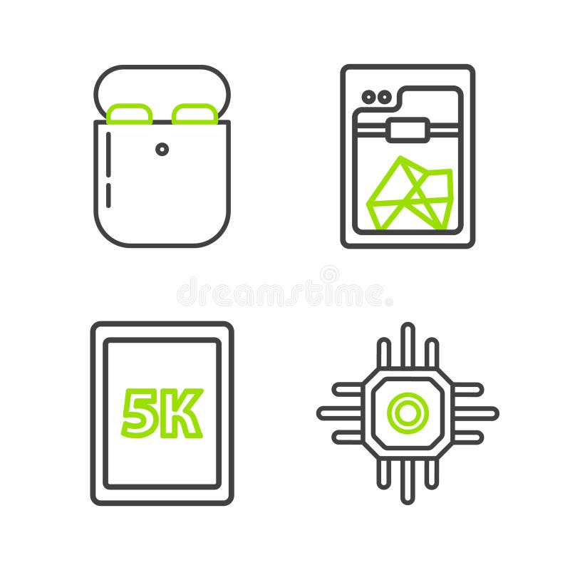 Set line Processor Tablet with text 5k 3D printer and Air headphones box icon. Vector. Set line Processor Tablet with text 5k 3D printer and Air headphones box icon. Vector.