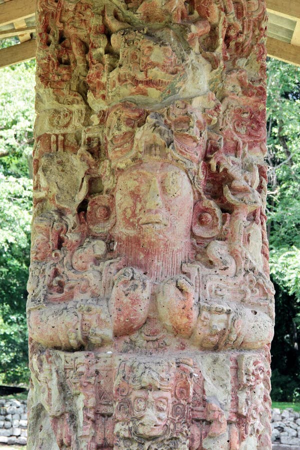 Stela C, beautifully carved in 711 AC, at the Mayan archeological site of Copan, Honduras