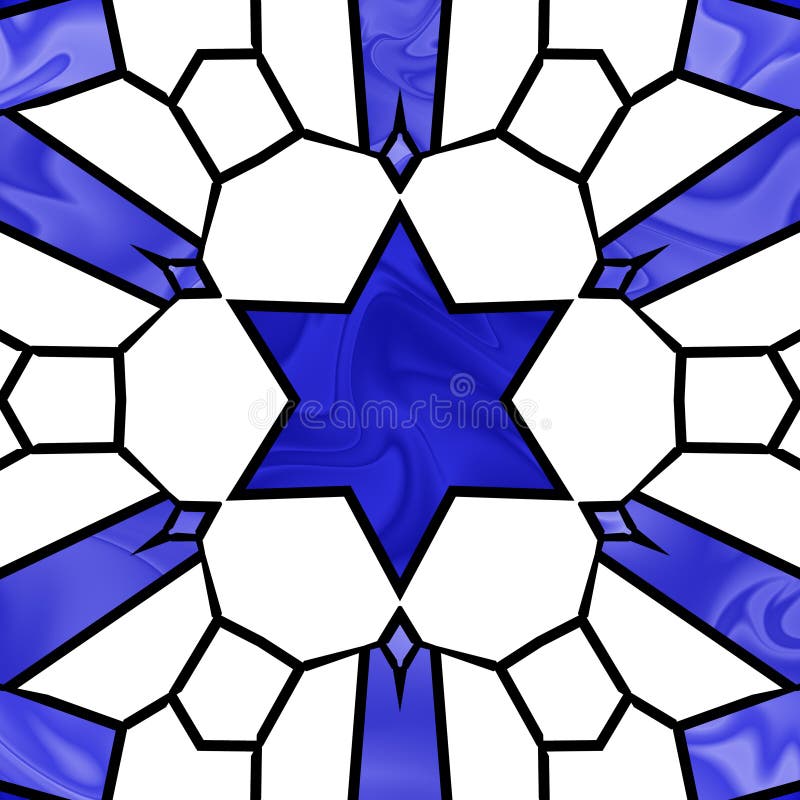 Blue and white stained glass image of six pointed star. Blue and white stained glass image of six pointed star.