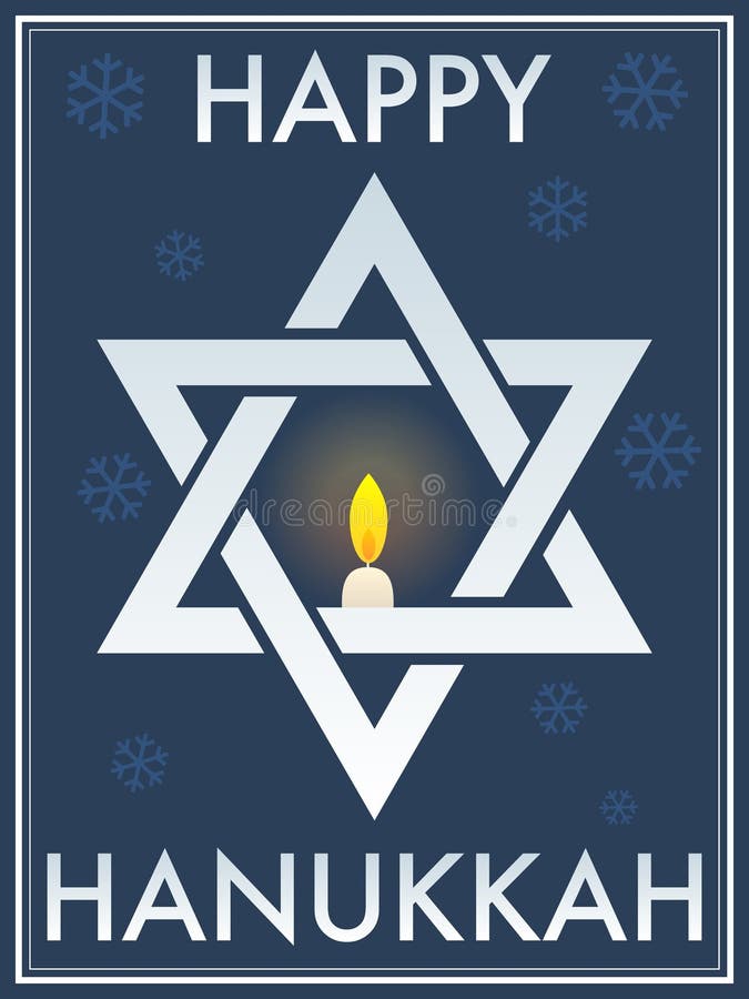 An illustration of the Star of David with a candle in it's center and the text Happy Hanukkah. An illustration of the Star of David with a candle in it's center and the text Happy Hanukkah.