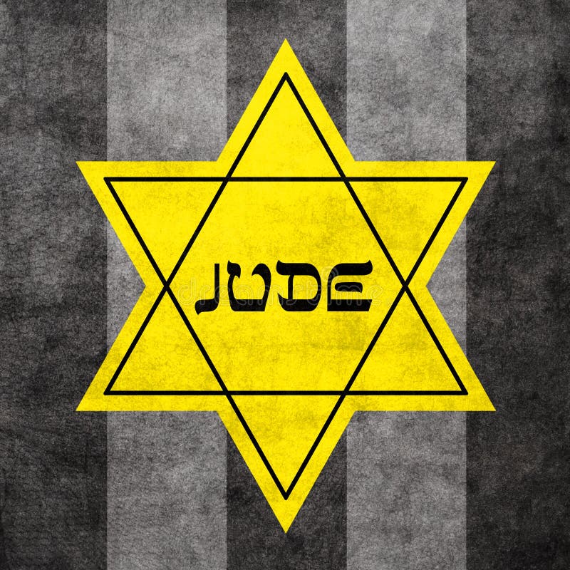 Yellow star of David, hexagram with text Jude on fabric striped background - typical star that Jews were forced to buy and sew on their clothes during World War 2. Yellow star of David, hexagram with text Jude on fabric striped background - typical star that Jews were forced to buy and sew on their clothes during World War 2