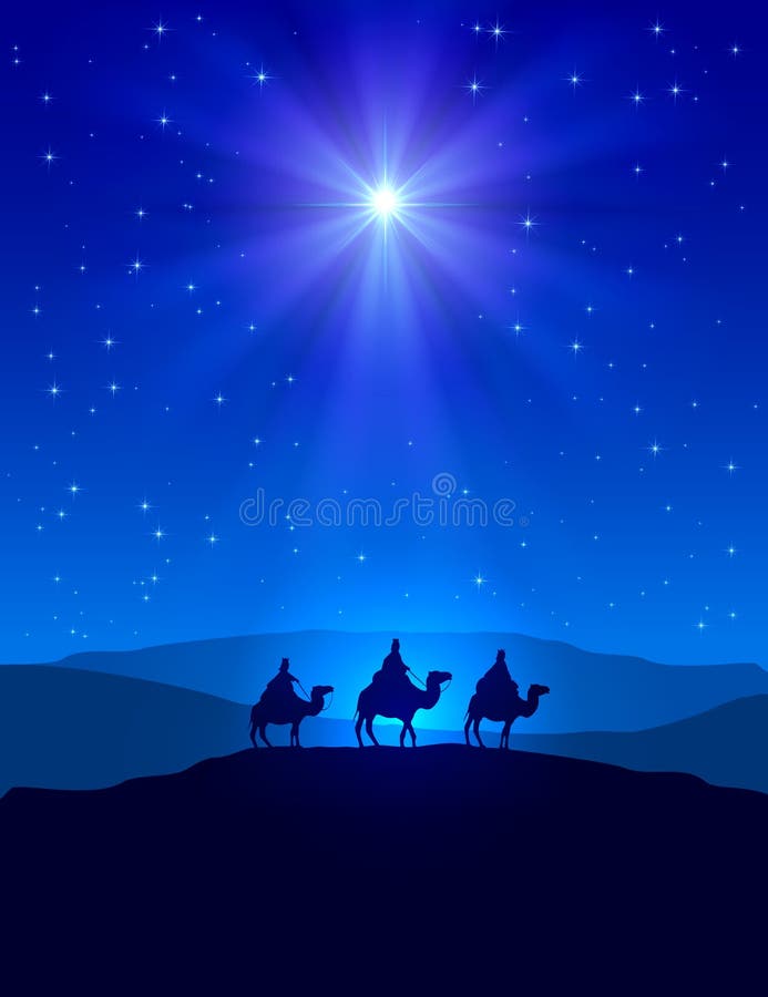 Stella di Natale su cielo blu e su tre saggi