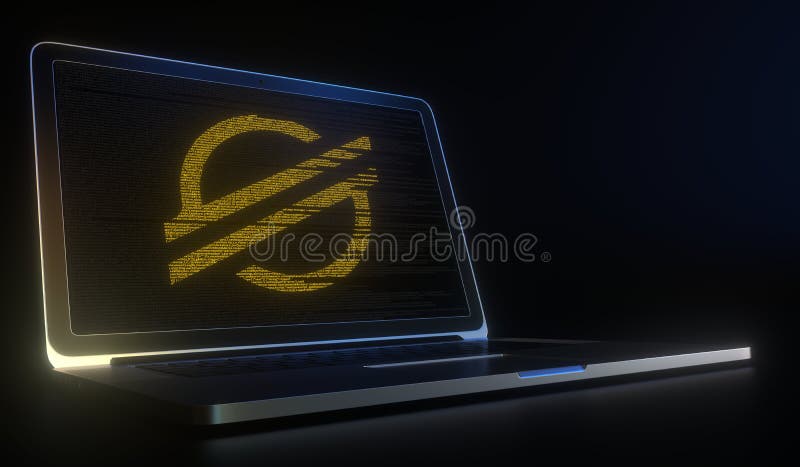 Stellares Logo mit Computercode auf dem Laptop-Bildschirm. Kryptowährungs-Mining oder Kryptotransaktionen im Zusammenhang mit 3d stock abbildung