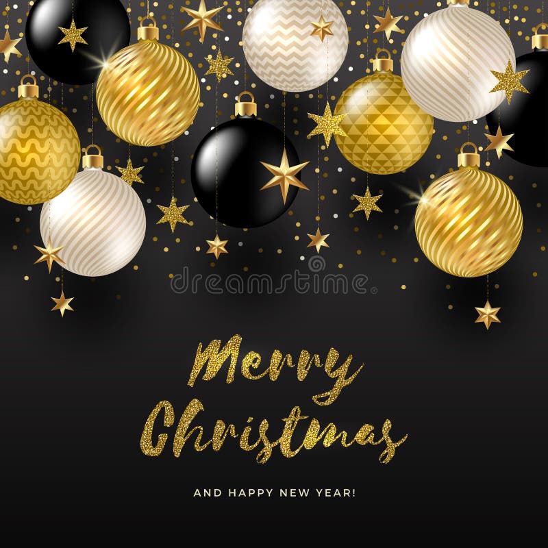 Stelle d'oro, nere, bianche e d'oro, le bolle di Natale sullo sfondo illustrazione di stock