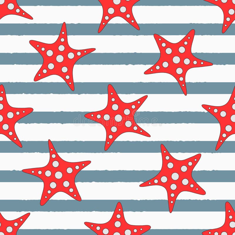 Stelle marine su fondo a strisce Modello senza cuciture del mare sveglio illustrazione vettoriale Stelle marine su fondo a strisce Modello senza cuciture del mare sveglio illustrazione vettoriale