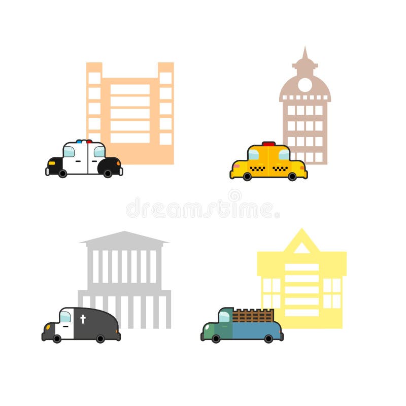 Stellen Sie Autos und Gebäude ein Polizei und Polizeirevier Taxi und trai stock abbildung Stellen Sie Autos und Gebäude ein Polizei und Polizeirevier Taxi und trai stock abbildung