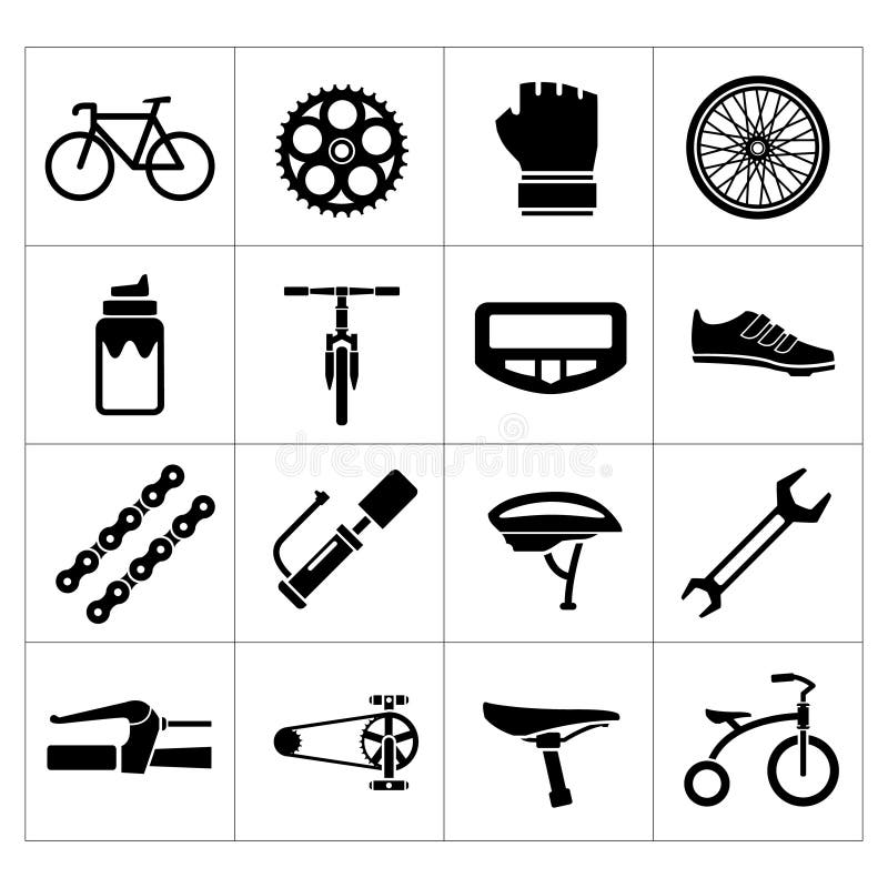 Stellen Sie die Ikonen des Fahrrades ein und radfahren, die Fahrradteile und Ausrüstung