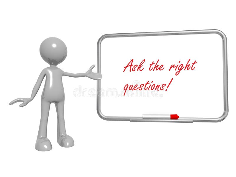 Manikin holding white board with text "Ask the right questions!" in red script, white background. Manikin holding white board with text "Ask the right questions!" in red script, white background.