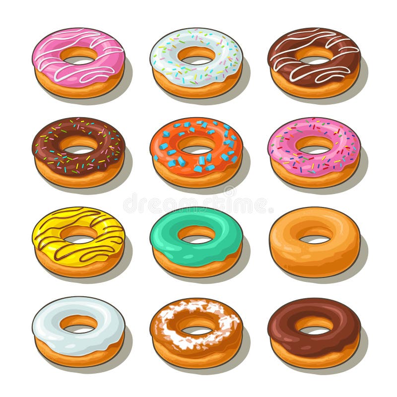Stellen Sie Donut mit unterschiedlicher Zuckerglasur, Glasur ein, streift, besprüht